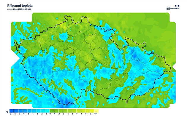 Na Šumavě v noci mrzlo, ukazuje mapa. U Kvildy naměřili minus 8,7 stupně